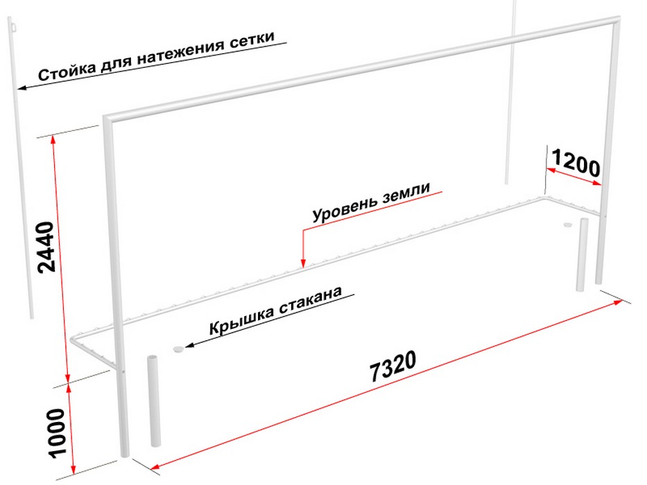 Ворота футбольные Glav со стойками натяжения сетки, разборные (7,32х2,44 м) 15.104.1 933_700